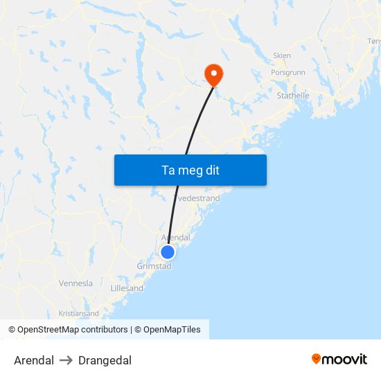 Arendal to Drangedal map