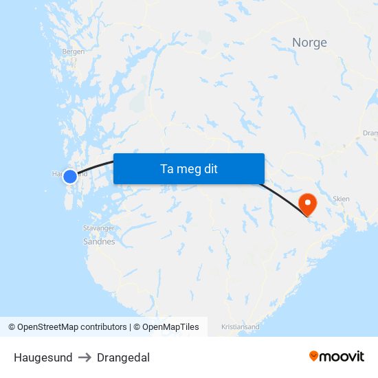Haugesund to Drangedal map