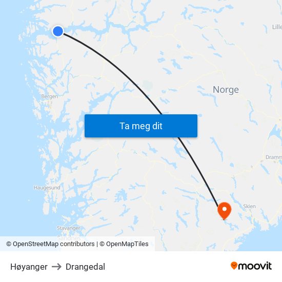 Høyanger to Drangedal map