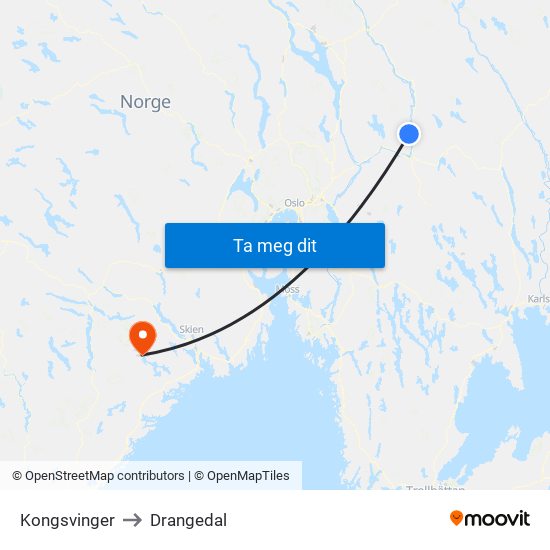 Kongsvinger to Drangedal map