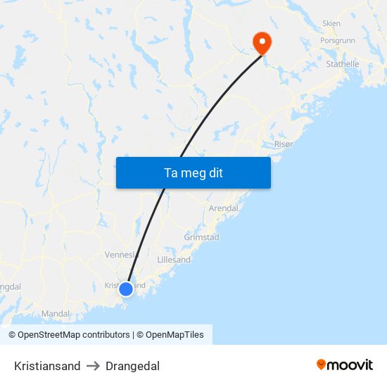 Kristiansand to Drangedal map