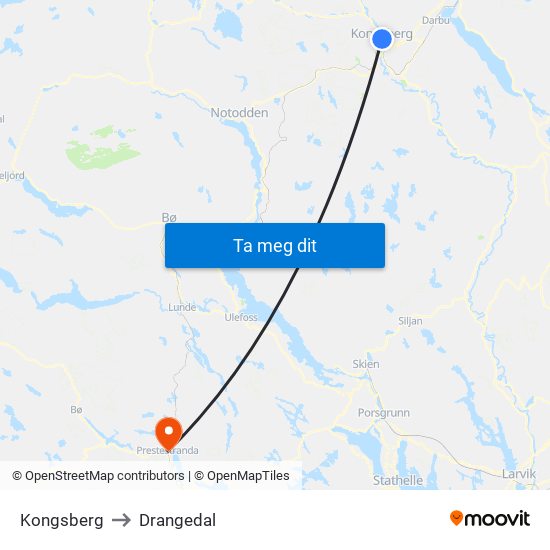 Kongsberg to Drangedal map