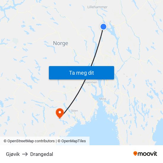 Gjøvik to Drangedal map