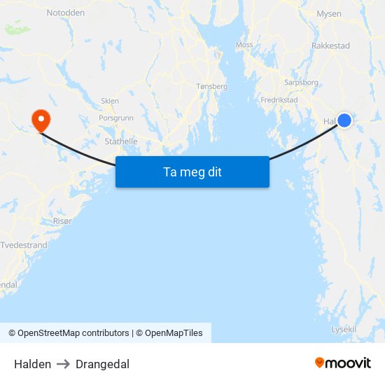 Halden to Drangedal map