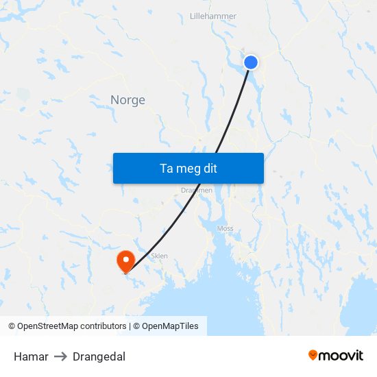 Hamar to Drangedal map
