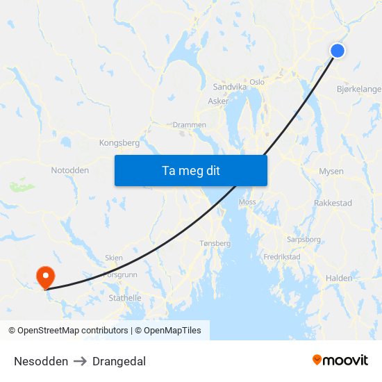 Nesodden to Drangedal map