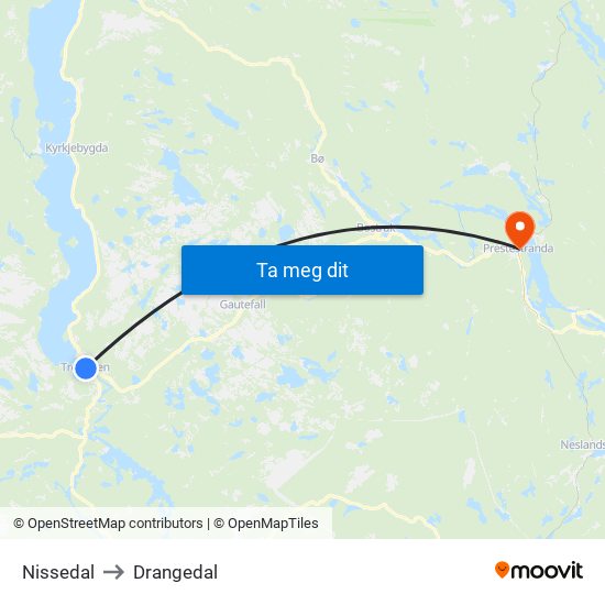 Nissedal to Drangedal map