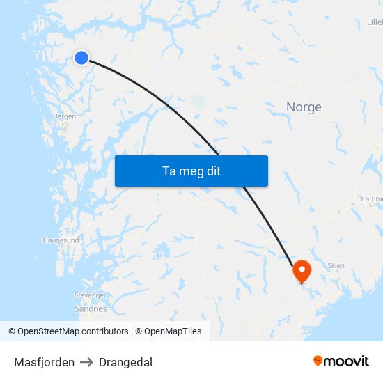 Masfjorden to Drangedal map