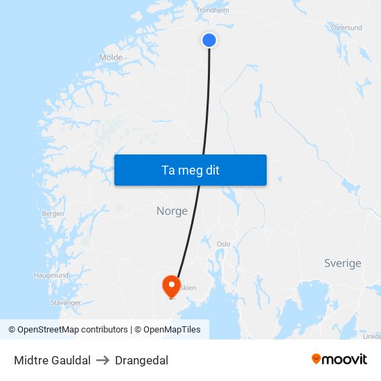 Midtre Gauldal to Drangedal map