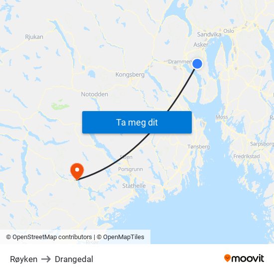 Røyken to Drangedal map