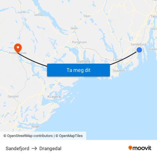 Sandefjord to Drangedal map