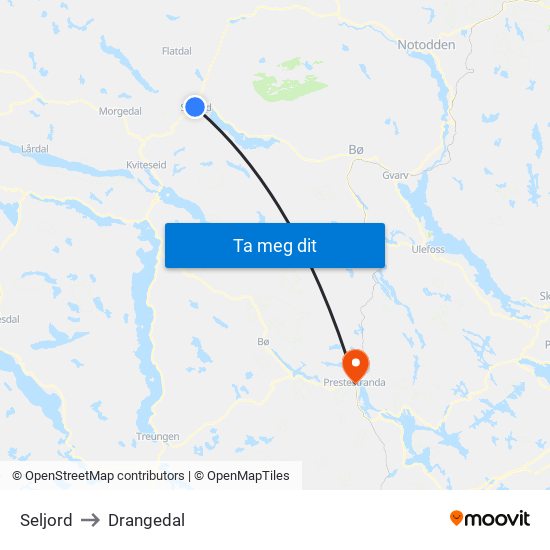 Seljord to Drangedal map