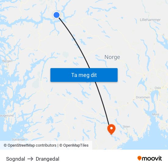 Sogndal to Drangedal map