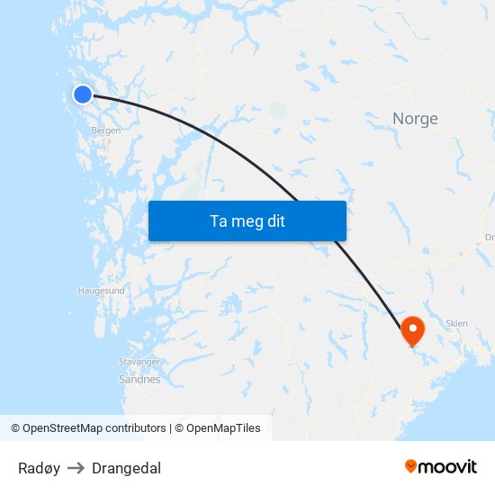 Radøy to Drangedal map