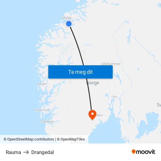 Rauma to Drangedal map