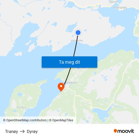 Tranøy to Dyrøy map