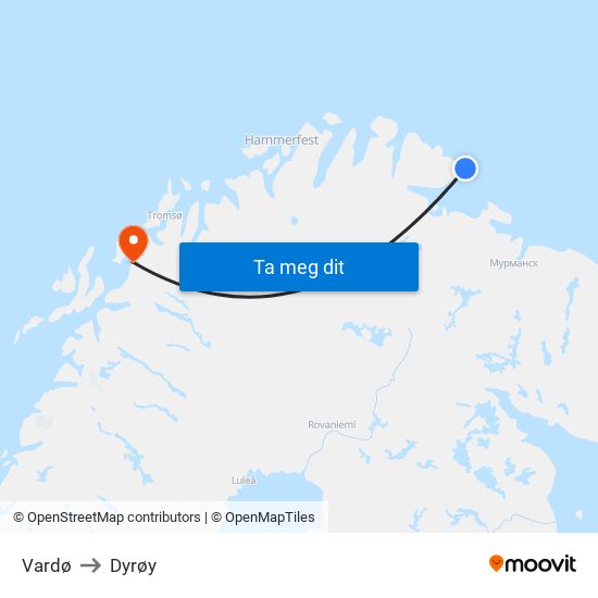 Vardø to Dyrøy map