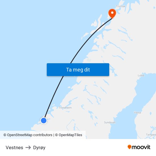 Vestnes to Dyrøy map