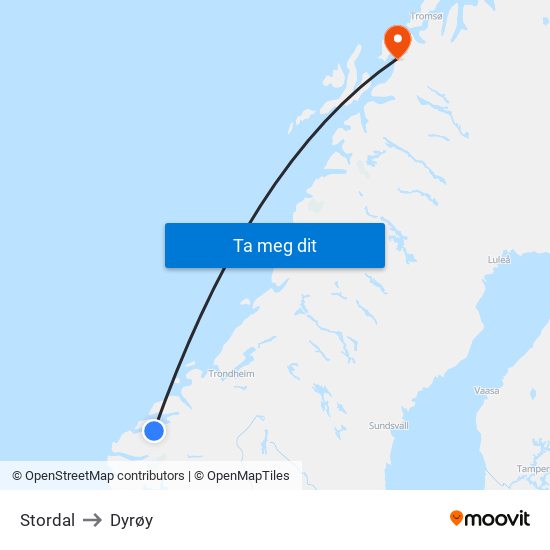 Stordal to Dyrøy map