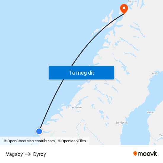 Vågsøy to Dyrøy map