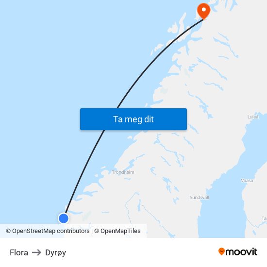 Flora to Dyrøy map