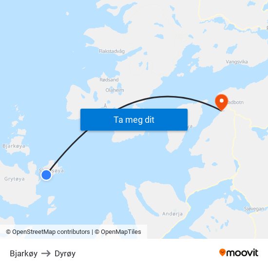 Bjarkøy to Dyrøy map