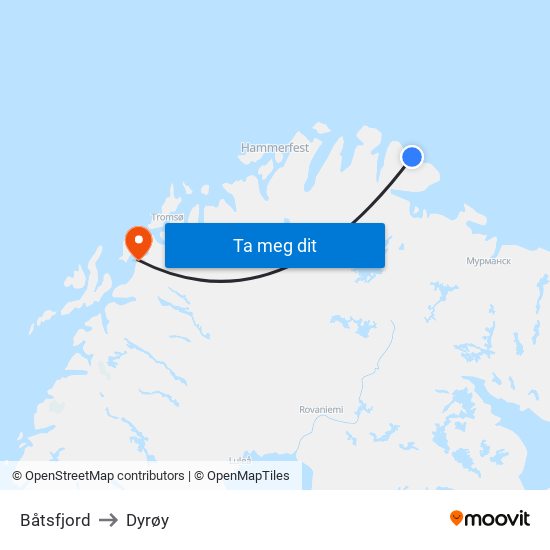 Båtsfjord to Dyrøy map