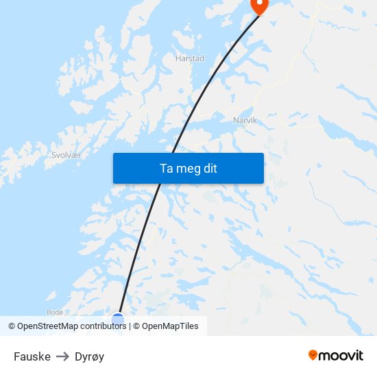 Fauske to Dyrøy map