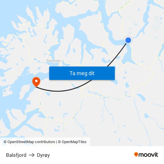 Balsfjord to Dyrøy map