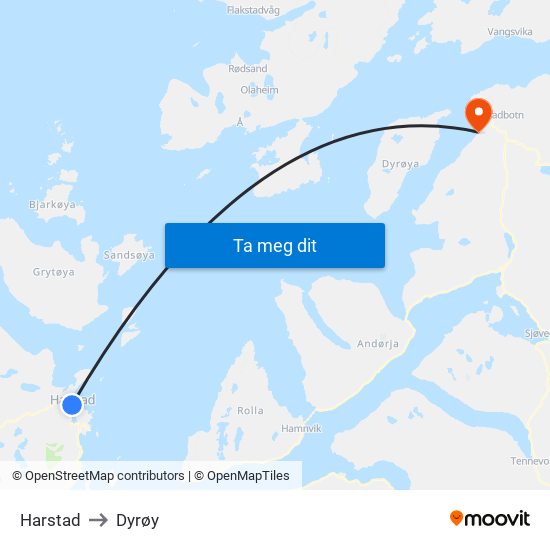 Harstad to Dyrøy map