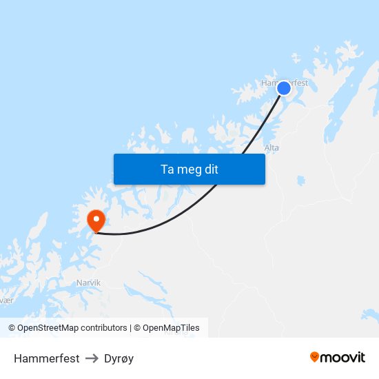 Hammerfest to Dyrøy map