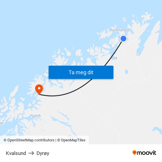 Kvalsund to Dyrøy map