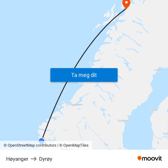 Høyanger to Dyrøy map
