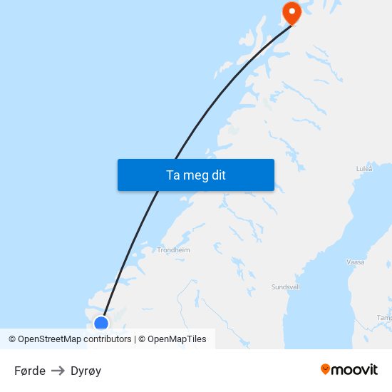 Førde to Dyrøy map