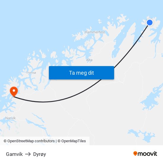 Gamvik to Dyrøy map