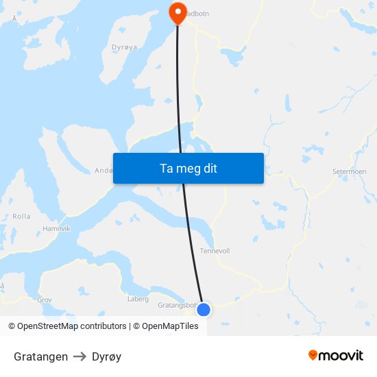 Gratangen to Dyrøy map