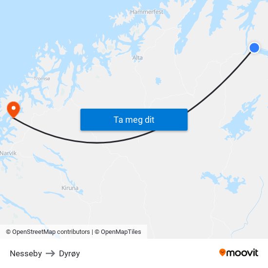 Nesseby to Dyrøy map