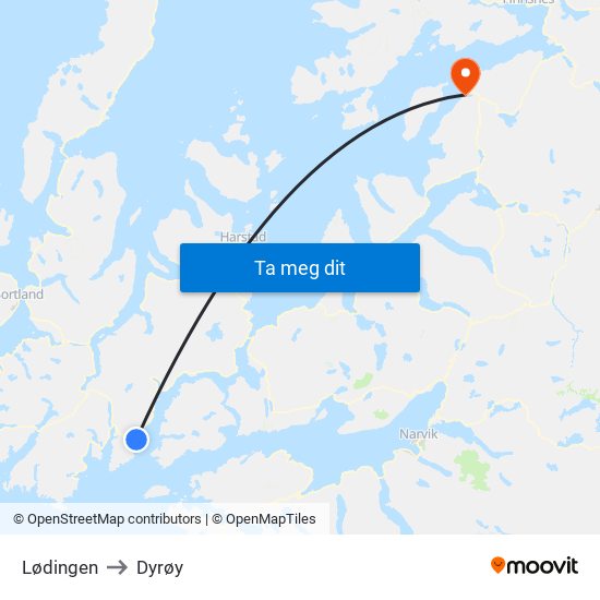 Lødingen to Dyrøy map