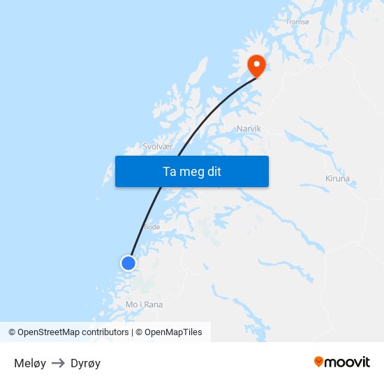 Meløy to Dyrøy map