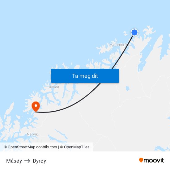 Måsøy to Dyrøy map