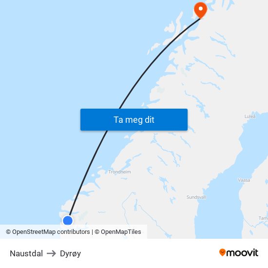 Naustdal to Dyrøy map