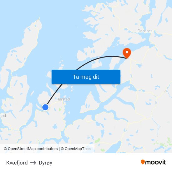 Kvæfjord to Dyrøy map