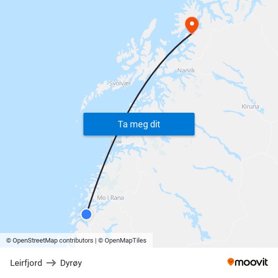 Leirfjord to Dyrøy map