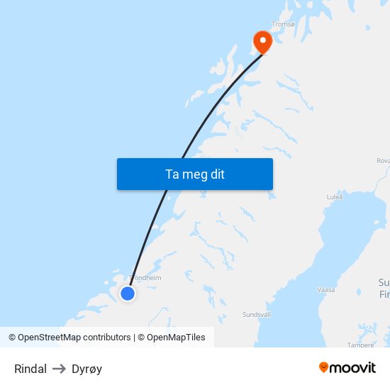 Rindal to Dyrøy map