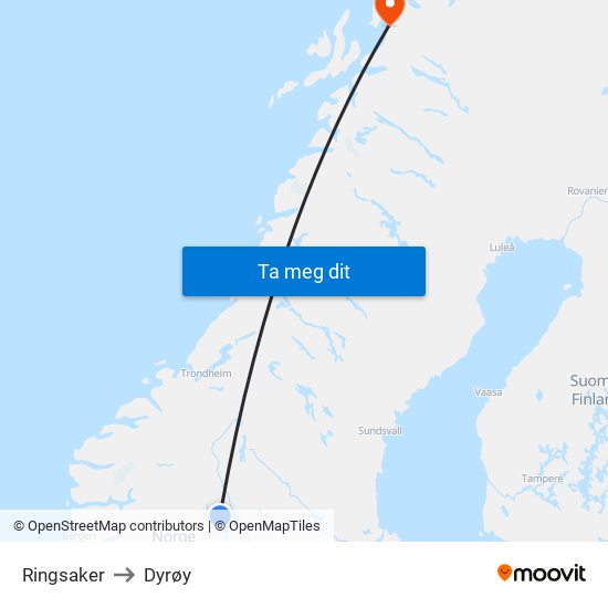 Ringsaker to Dyrøy map