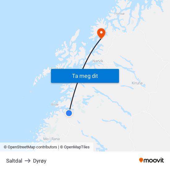Saltdal to Dyrøy map