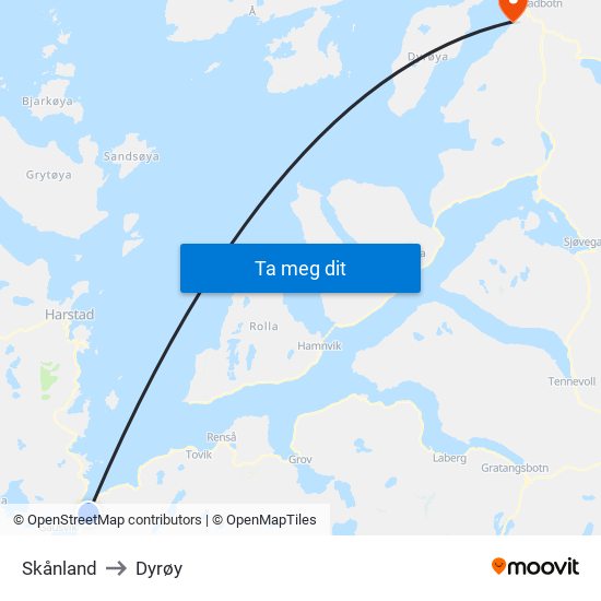 Skånland to Dyrøy map