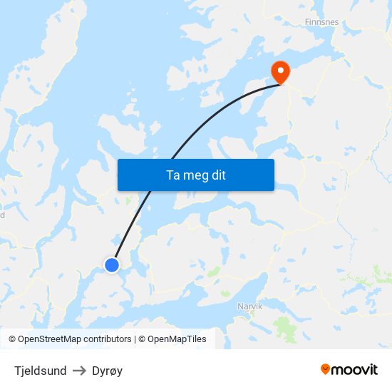 Tjeldsund to Dyrøy map