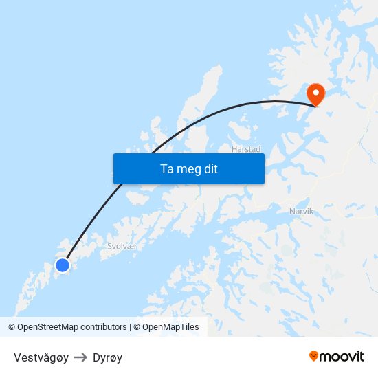 Vestvågøy to Dyrøy map
