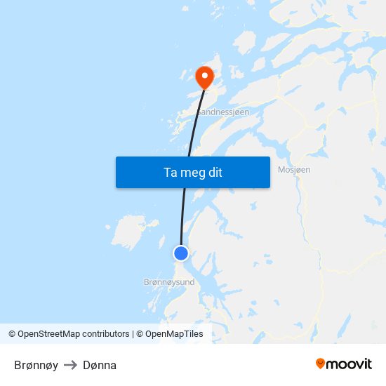 Brønnøy to Dønna map